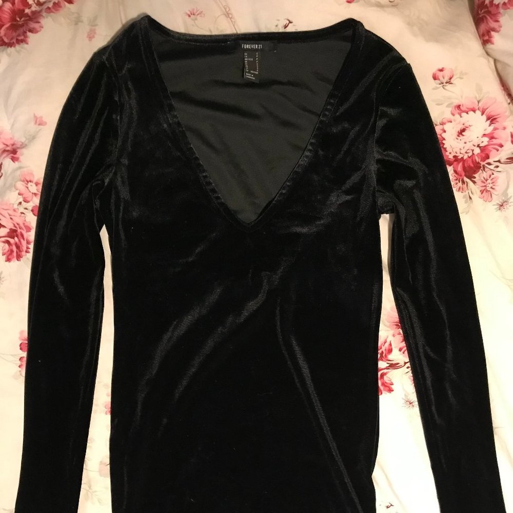 Velvet Bodycon Long Sleeve Black Small V Dress